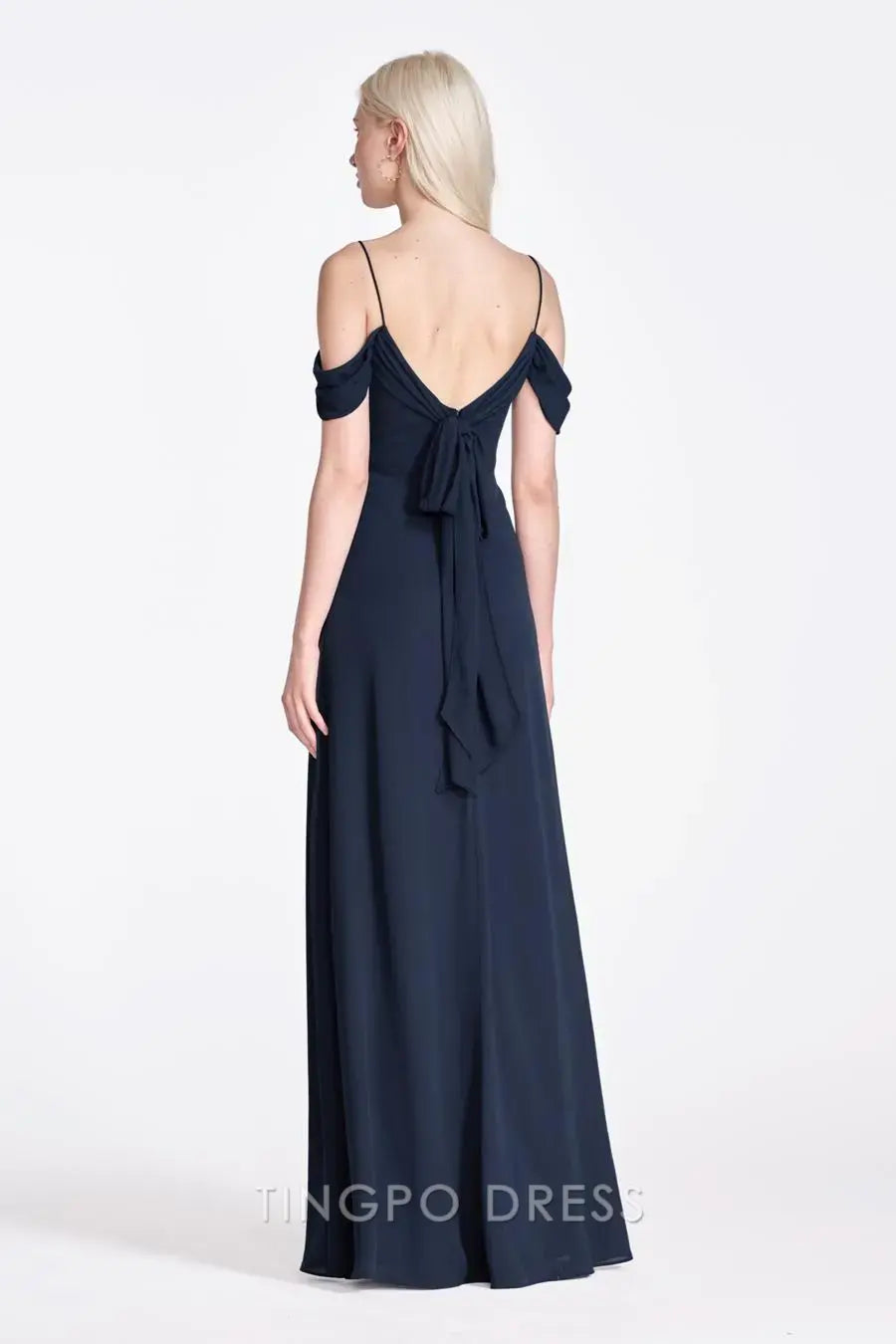 TingPo Wholesale Simple Black Spaghetti Strap Off-Shoulder Dress - Draped Neckline Evening Gown